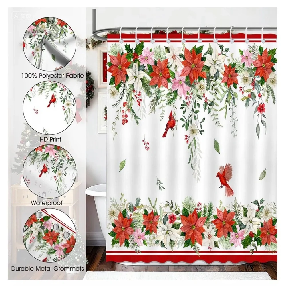 NEW (NIP) Christmas Poinsettia Shower Curtain - Waterproof, 72”x72” (LAST one)